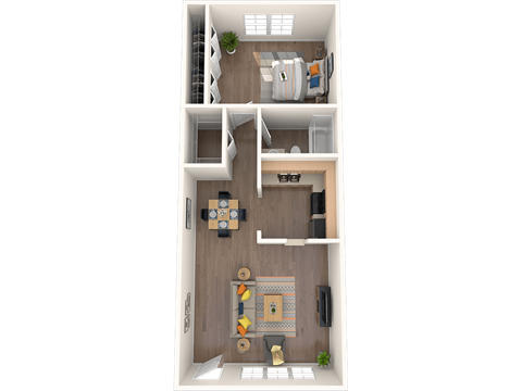 3D floorplan of a one-bedroom apartment at Coronado Springs Apartments in Palm Springs, Florida. Without a patio